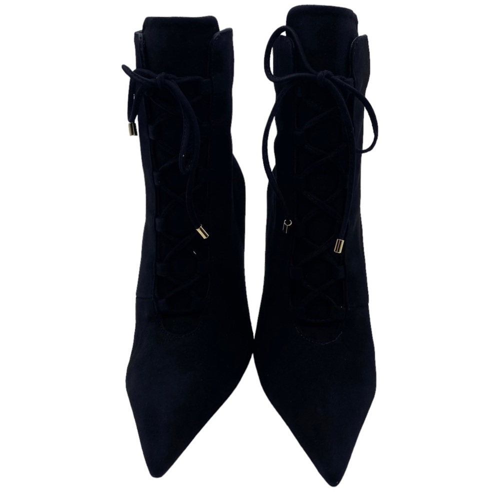 Good American Bootie Scandal Black Suede Leather Lace Up Heeled Ankle Size 7 - Picture 4 of 10